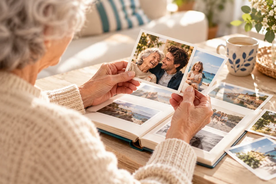 Des mains feuillettent un album et tiennent des photos de famille.